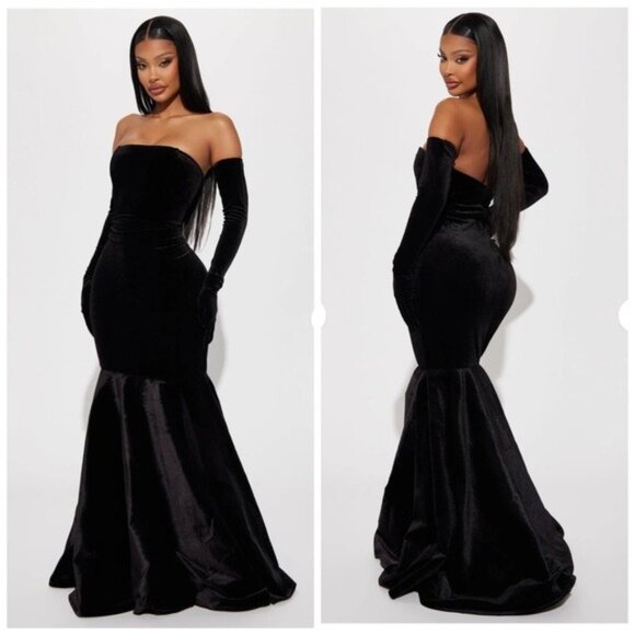 Fashion Nova Dresses & Skirts - Fashion Nova Stella Velvet Black Elegant Black Off-Shoulder Evening Gown Size 1X